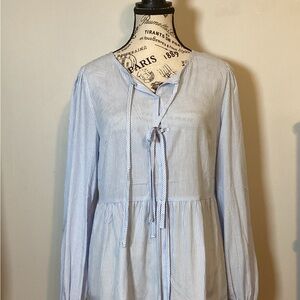 TIE FRONT STRIPED PEPLUM LIGHTWEIGHT BLOUSE W/PUFF SLEEVES BLUE & WHITE SZ SM